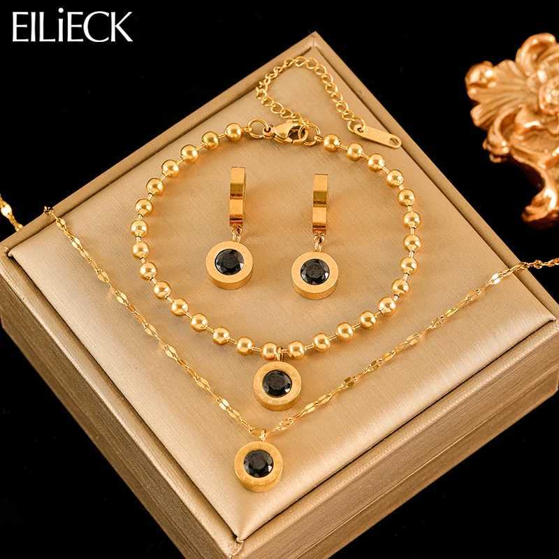 EILIECK 316L Stainless Steel Black Zircon Necklace s Earrings Set For Women New Trendy Gift Waterproof Jewelry 3-Set Z250607