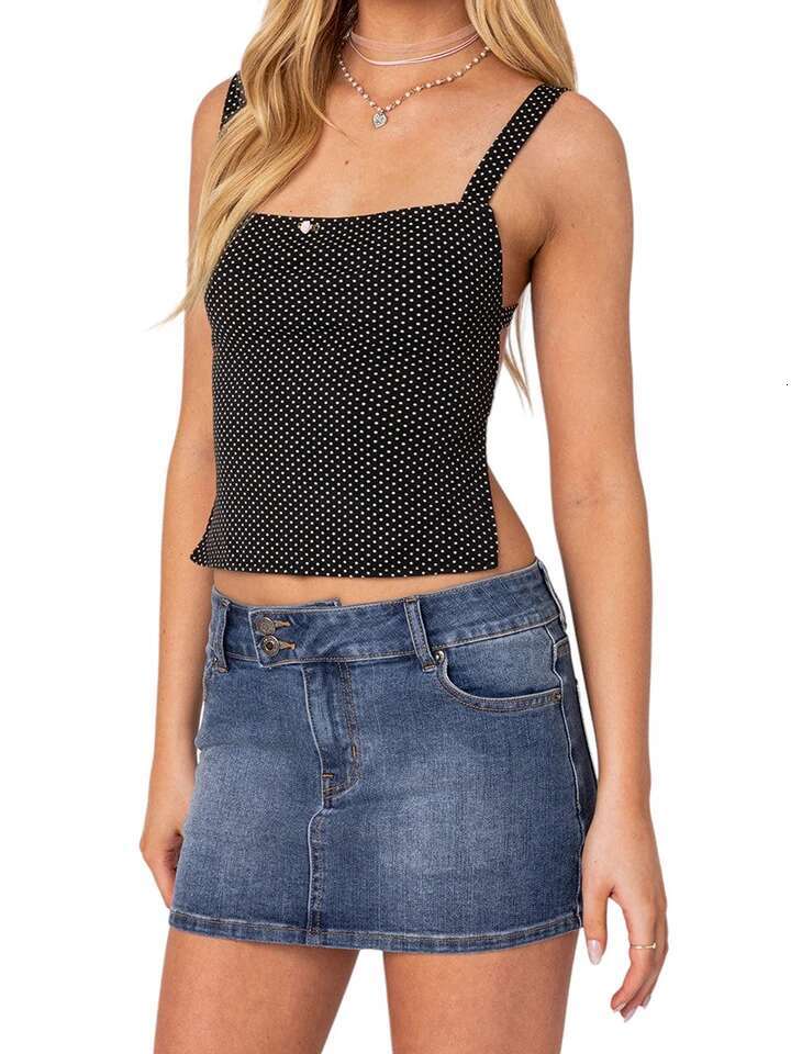 Womens Polka Dot Print Square Neck Tie Back Camisole Crop Top with Backless Design for Summer Streetwear Fashion