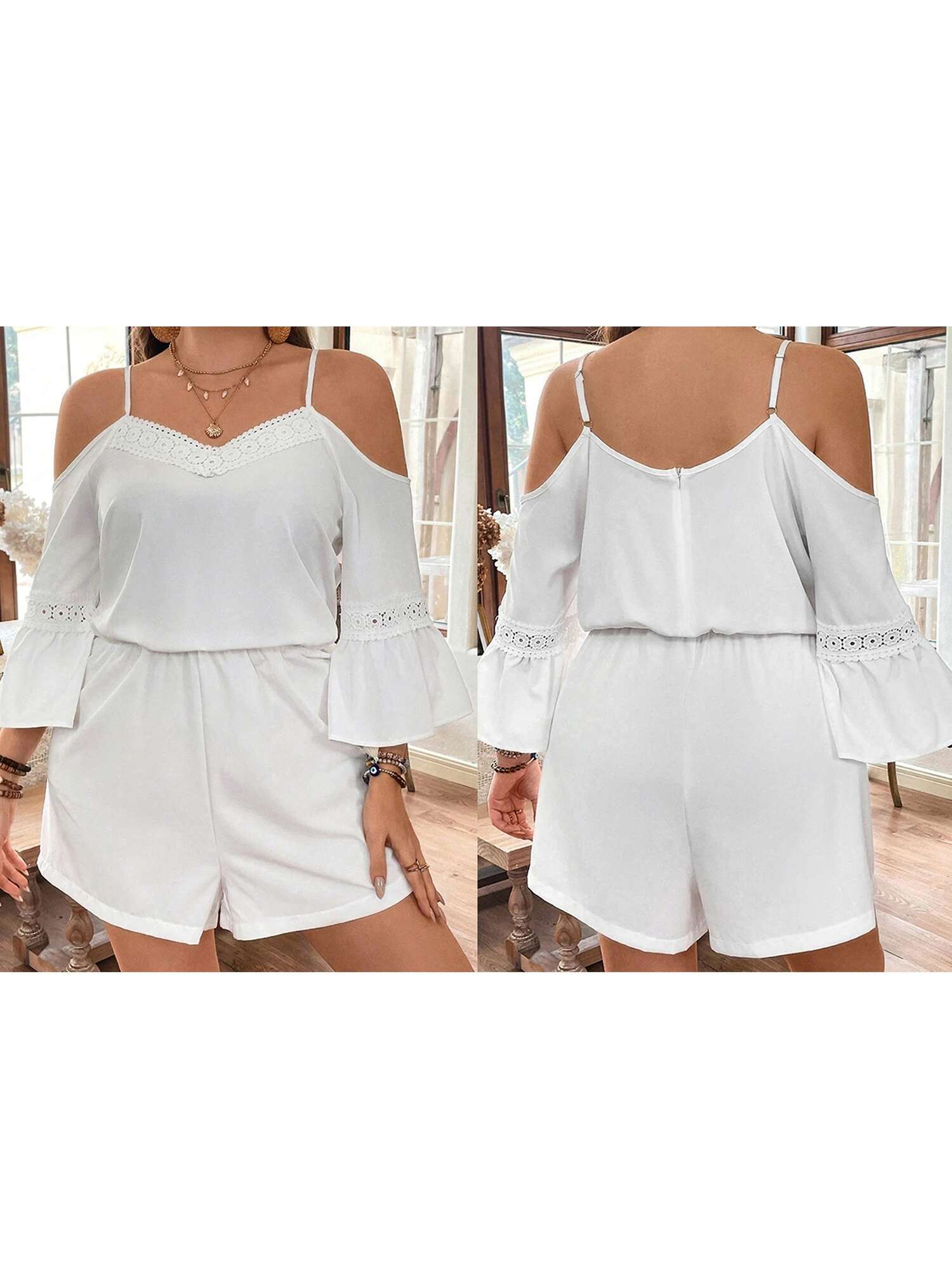 Womens Plus Size Romper with Lace Trim and Cold Shoulder Detail Solid Color Jumpsuit with V-neck and 3 4 Sleeves