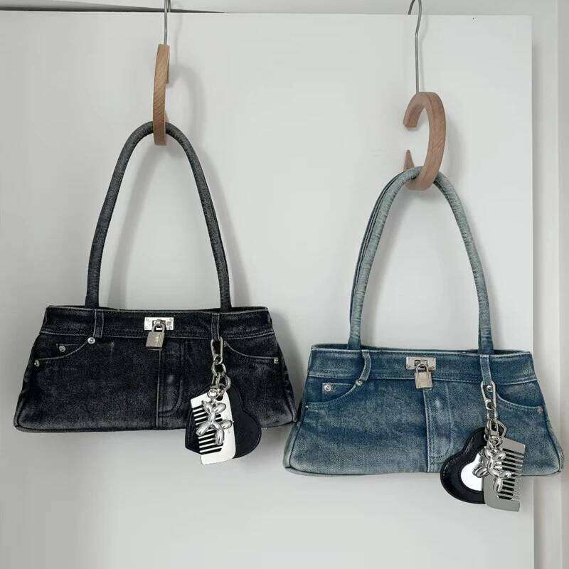 Denim Bags For Women Designer Handbag Purses 2025 New In Washing Process Sequined Lock Top Handle Underarm Cloth Shoulder