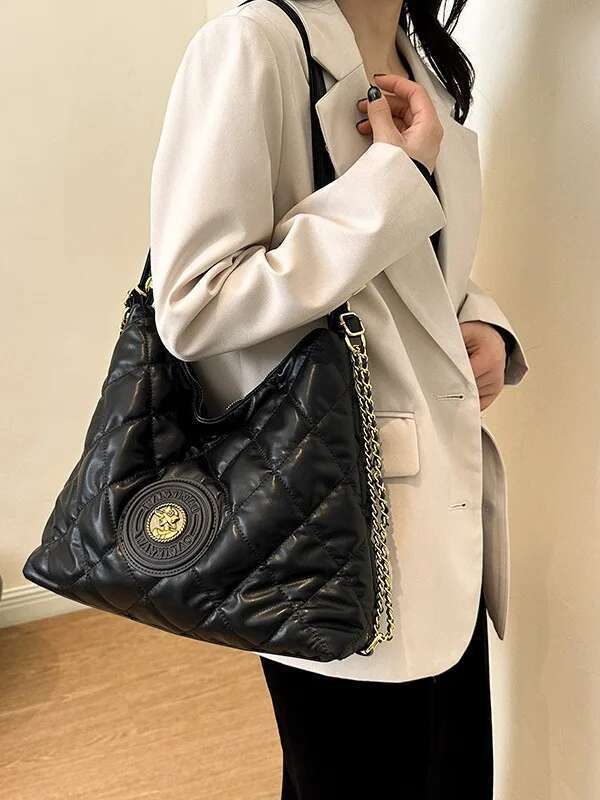 Single Double Shoulder, Crossbody Tote Bag, Dia Grid Embroidered Thread Casual Women's Bag