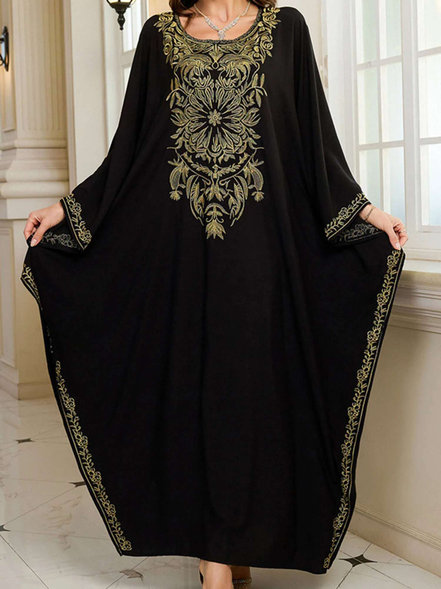 Womens Long Sleeve Floral Embroidered Beach Cover Up Dress with Round Neckline and Loose Fit for Arabic Style Beachwear