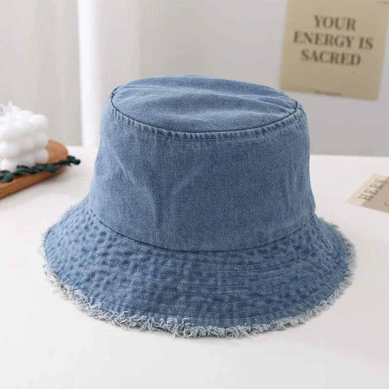 Spring and summer vintage solid color fringed denim fisherman hat womens washable versatile face covering bucket basin hat 250606