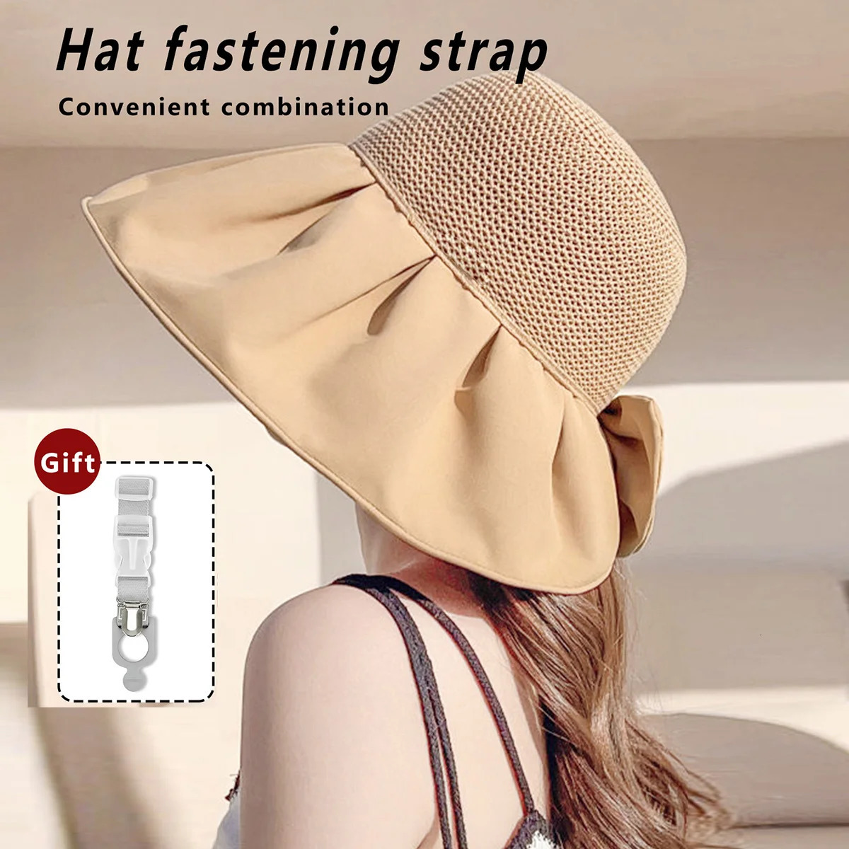 Summer Womens Sun Hat Anti-Ultraviolet Empty-Top Sunscreen Sun Hat Cover Face Fisherman Hat Free Hat Clip Buckle Storage 250606