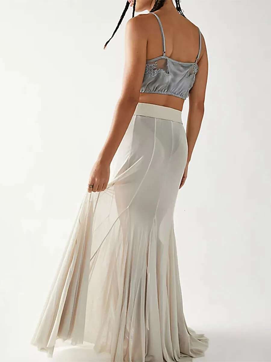 Elegant Womens Sheer Mesh Maxi Skirts with Elastic High Waist and Ruffle Hem Flowy A-line Midi Skirts for Casual Wear