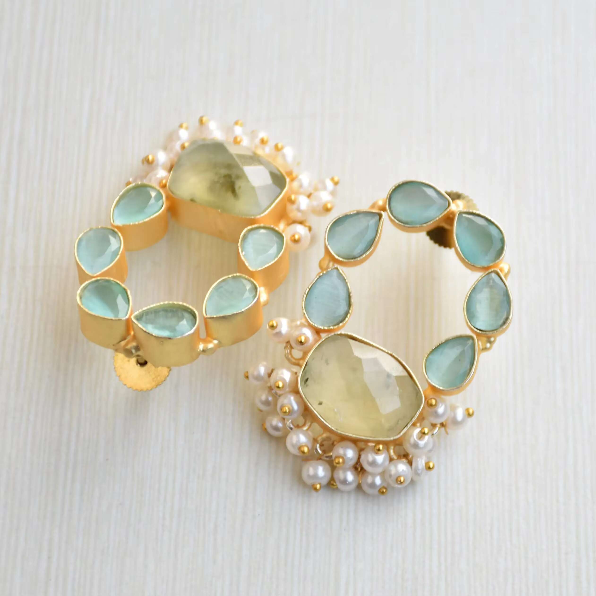 Handmade Womens Trendy Earrings Gold Plated Brass Jewelry With Semi-Precious Stones Natural Crystal Unique Stud Earrings Design