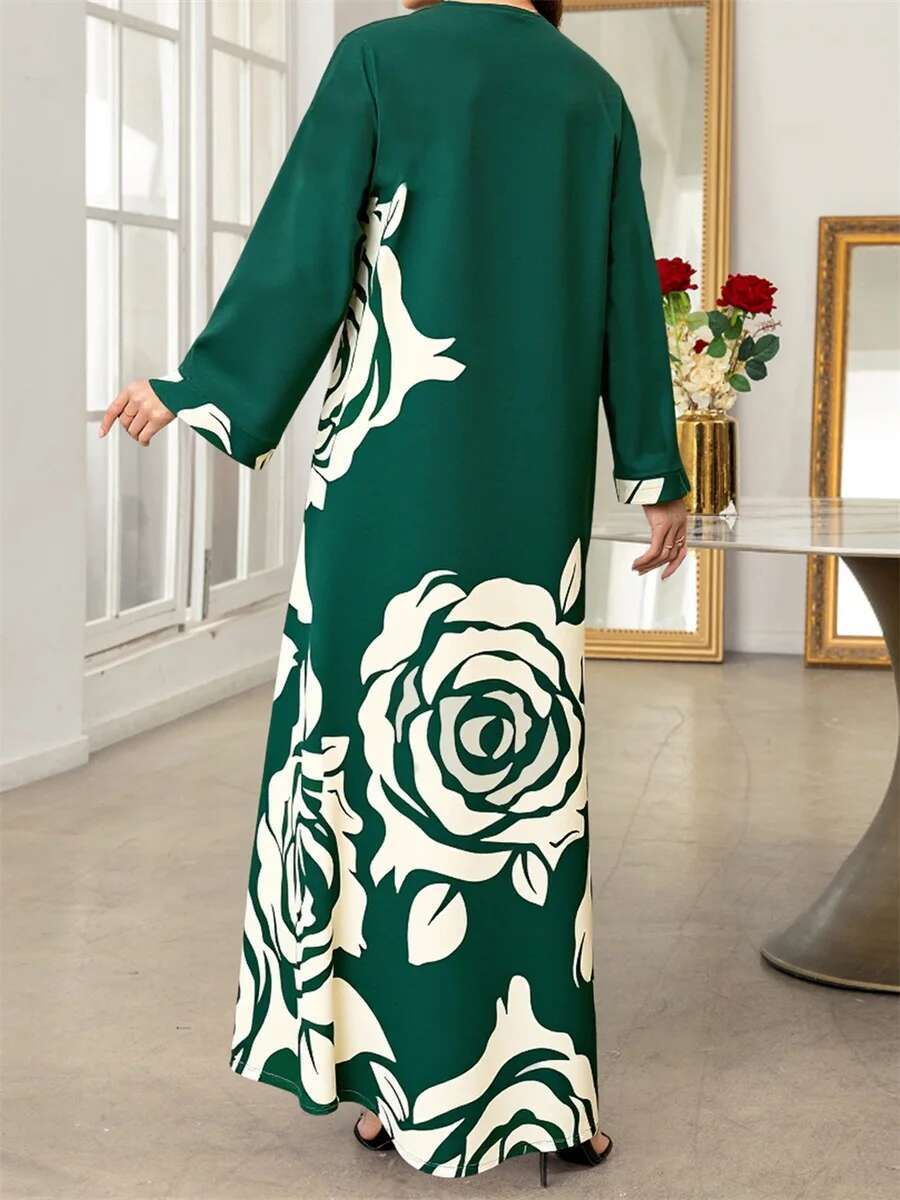 Elegant Mu Womens Ramadan Abaya with Intricate Floral Patterns V-neck Design and Long Sleeves for Islamic Prayer and