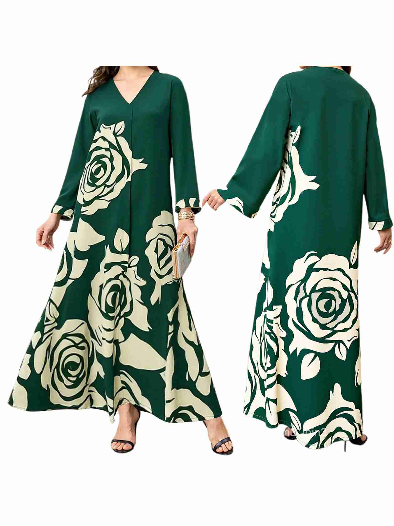 Elegant Mu Womens Ramadan Abaya with Intricate Floral Patterns V-neck Design and Long Sleeves for Islamic Prayer and