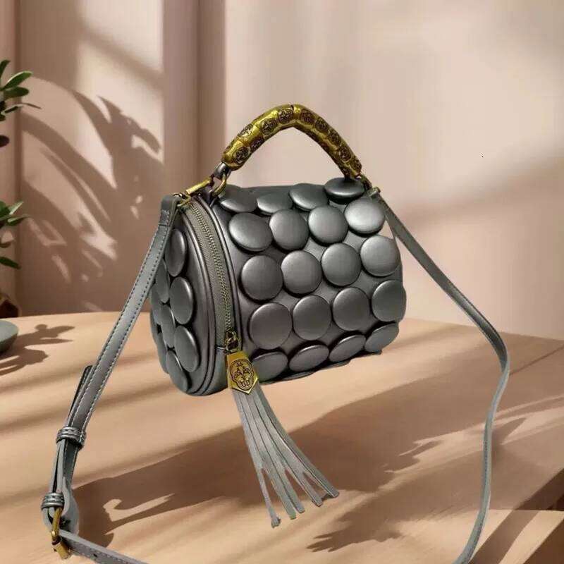 2025 Design Women Retro Button Leather Handbags High-End Round Tube Bucket New Fashion Shoulder Crossbody Bag