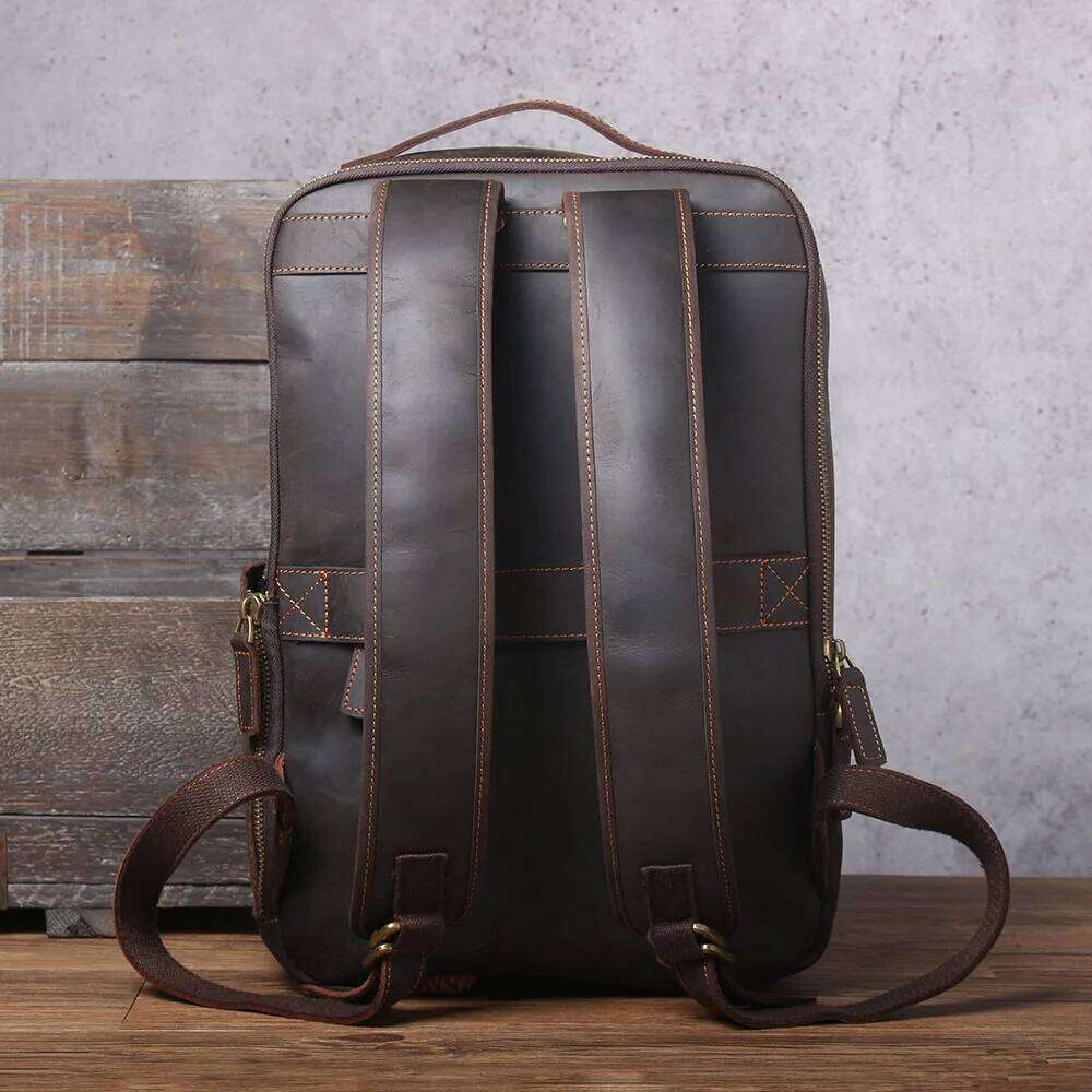 S.WORKER Vintage Men's Genuine Backpack 15.6' Laptop Bag Large Capacity Crazy Horse Leather Schoolbag Cowhide