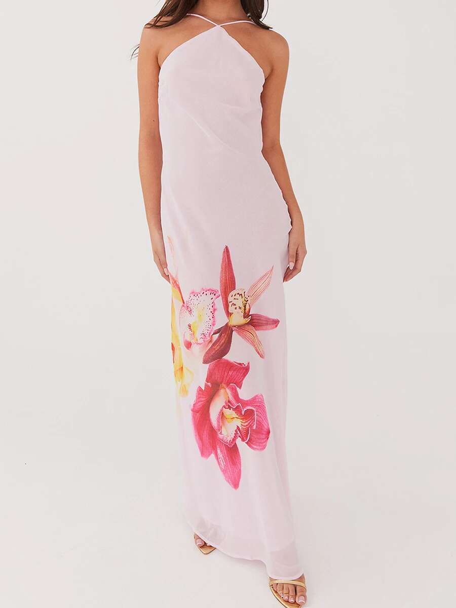 Elegant Floral Print Sleeveless Maxi Dress with Open Back and Fit Design for Summer Parties and Beach Vacations