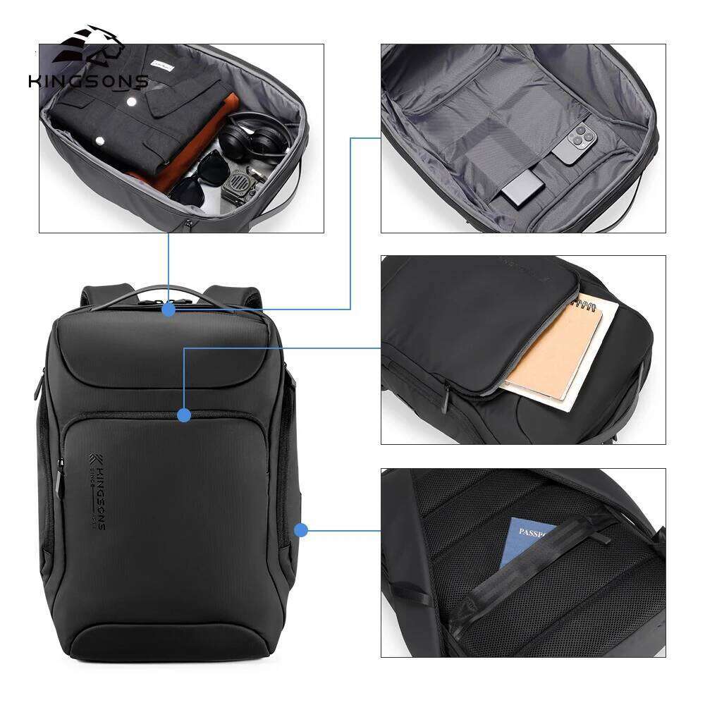 Kingsons Business Backpack For Men 15.6 inch Laptop 2025 Concise Design 180° Open Up USB-A Fast Charging Port Waterproof Black