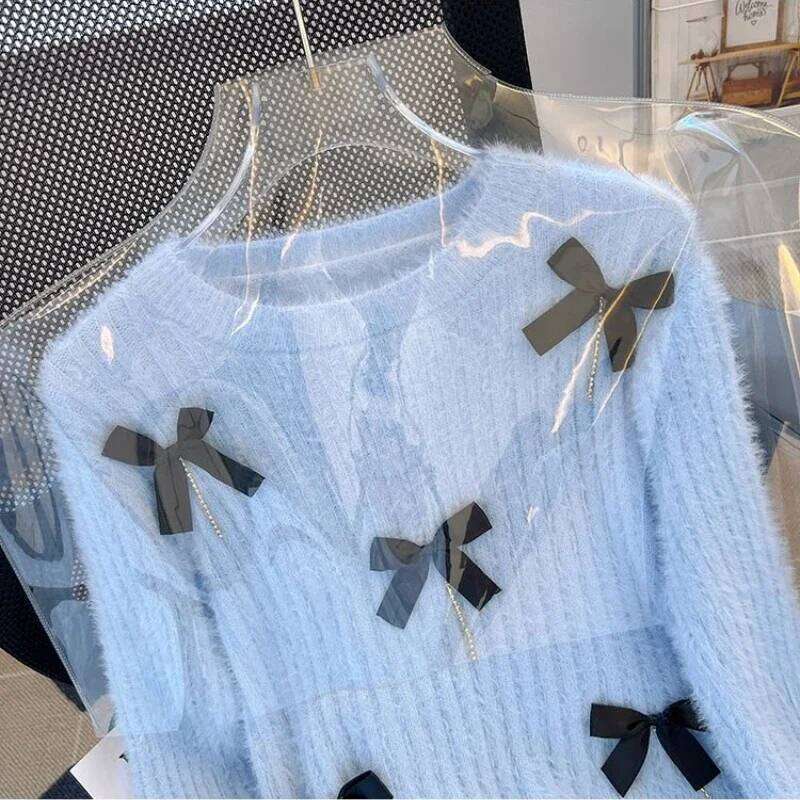 Y2k Bows Sweet Women Sweaters Autumn Winter Soft Elegant Short Pullovers Korean Fashion Solid Pull Femme Tops