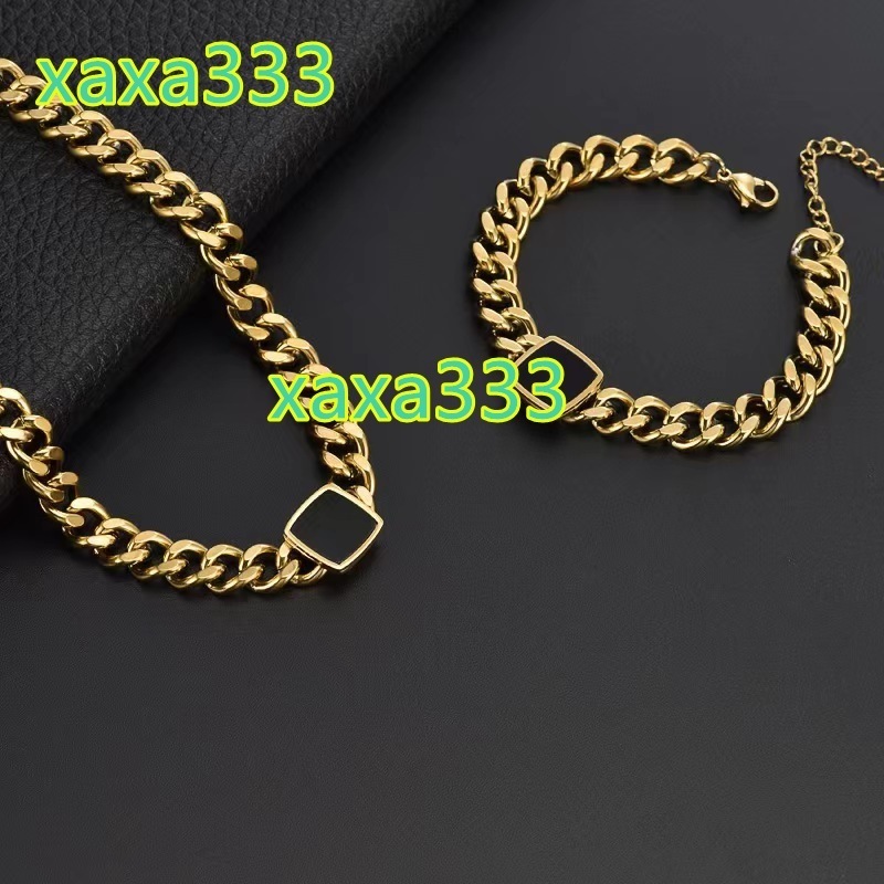 Stylish and Simple Personality 18K Gold Little Black Brand Necklace Set Punk Cuban Stainless Steel Bracelet