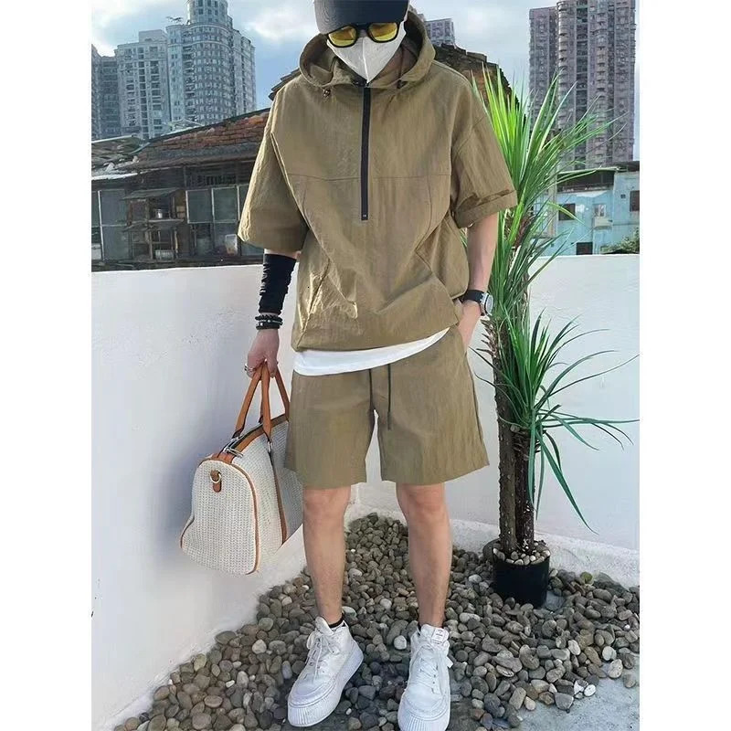 Summer Mens fashion hoodie and shorts 2-piece set loose thin and lightweight workwear outdoor casual sports youth suit 250603