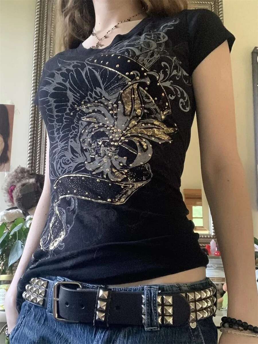 Womens Vintage Grunge Rhinestone Tops with Short Sleeve Round Neck and Wings Print - Stylish T-shirts and Blouses