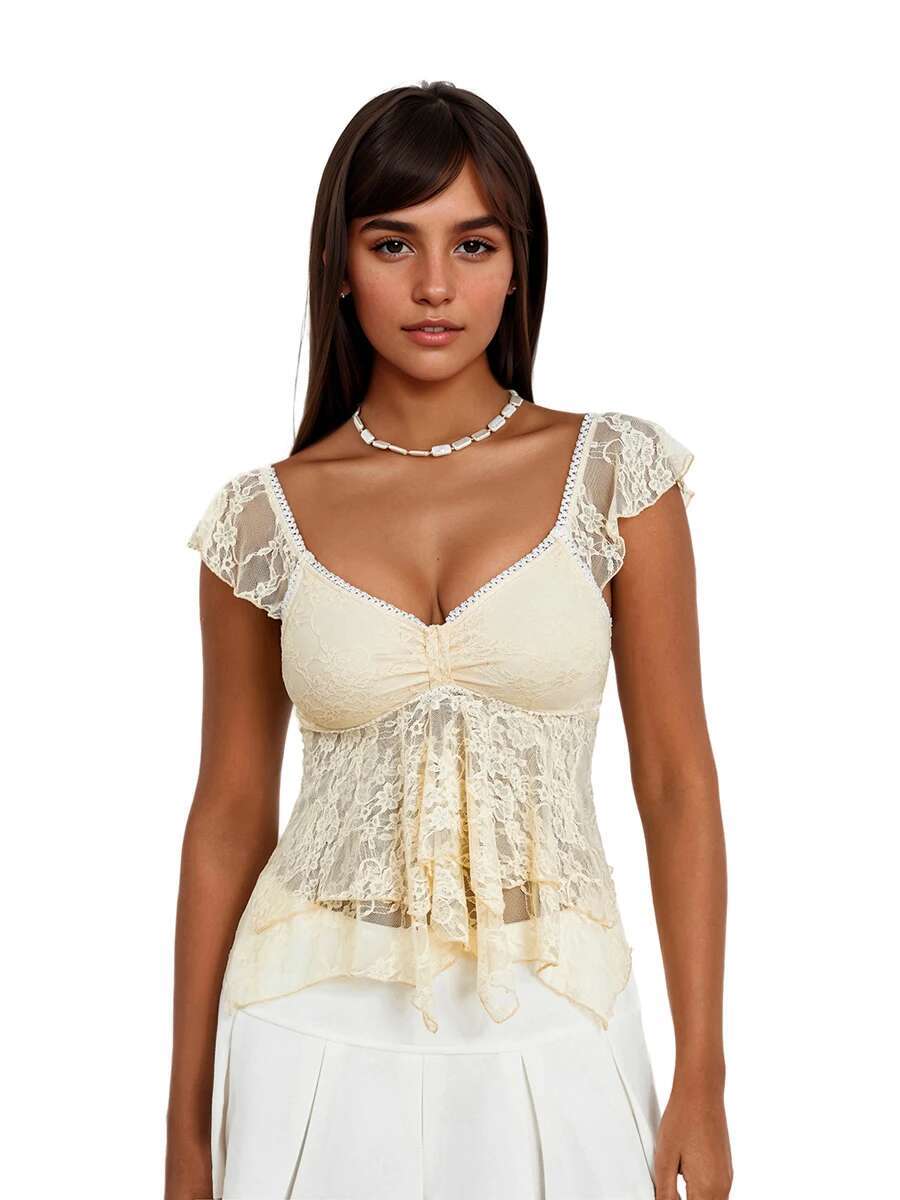 Elegant Lace Trimmed v Neck Crop Top with Flutter Sleeves and Double Layered Lotus Hem for Womens Summer Style