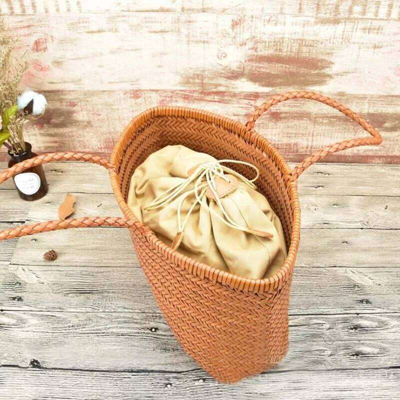 Women Weave Handbags Feminine Handmade Woven Bucket Bag With Cotton Inner Pockets Casual Knitting Leather Handle Bags