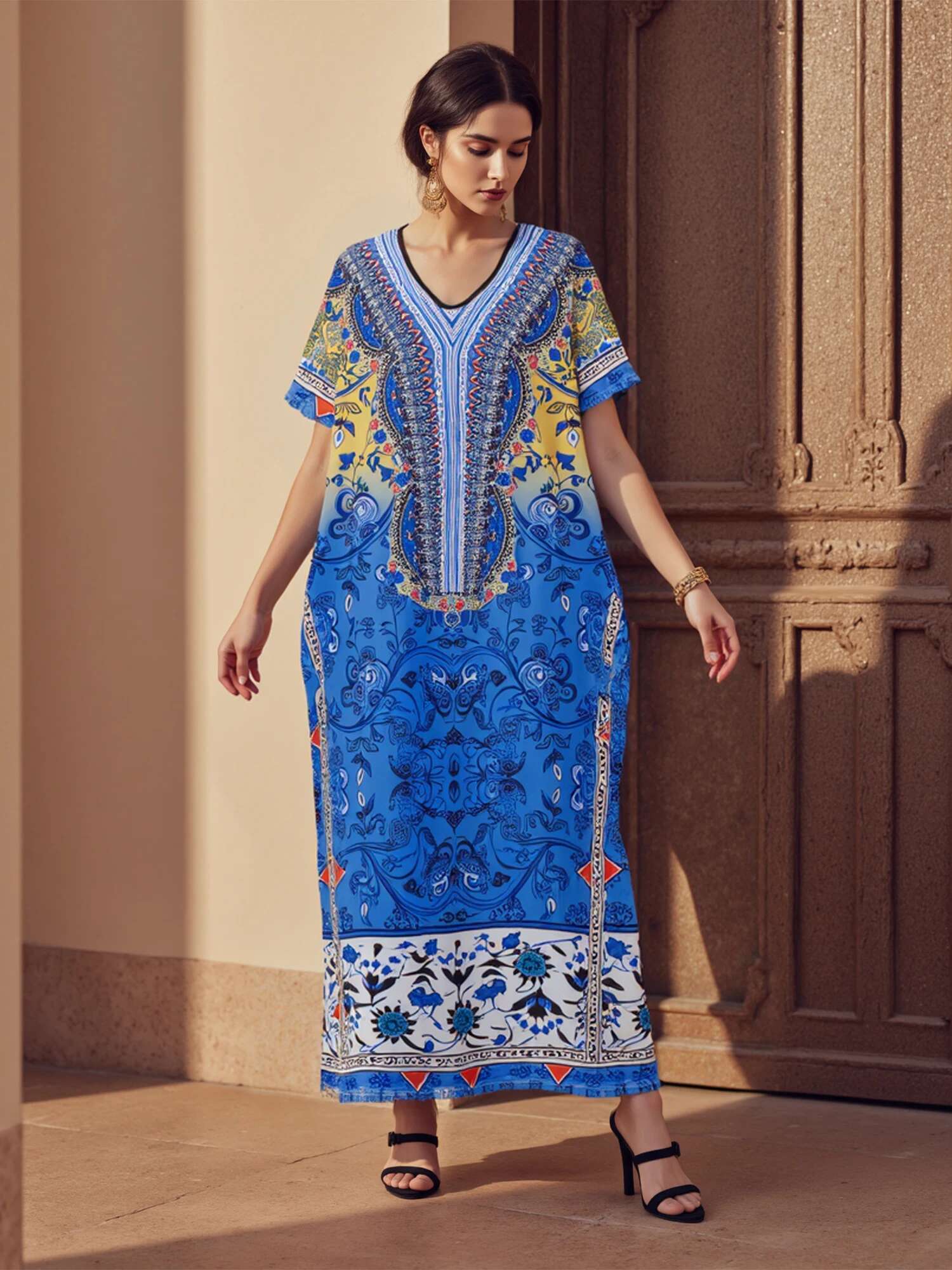 Bohemian Floral Print Maxi Dress with Tassel Tie Waist and Ruffle Hem for Womens Summer Vacation Beach Cover Up