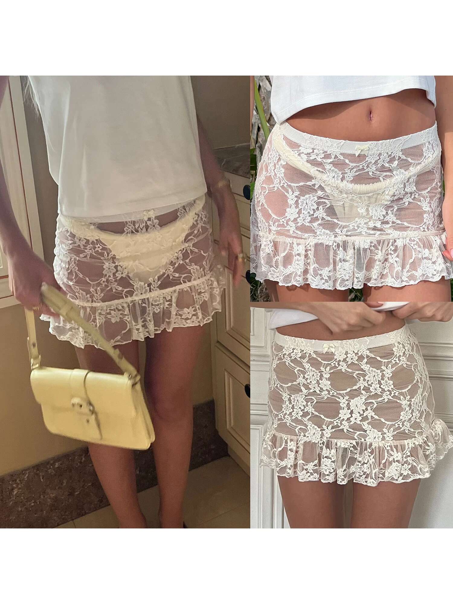 Womens Lace Mini Skirt Elegant Floral Lace Overlay Ruffled Hem Low Rise Short Skirt for Summer Fashionistas