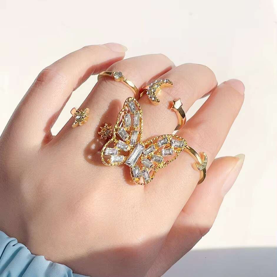 European American Cross-Border Hot-Selling Diamond-Encrusted Large Butterfly Index Finger Ring 5-Piece Set Ring Fashion Rings