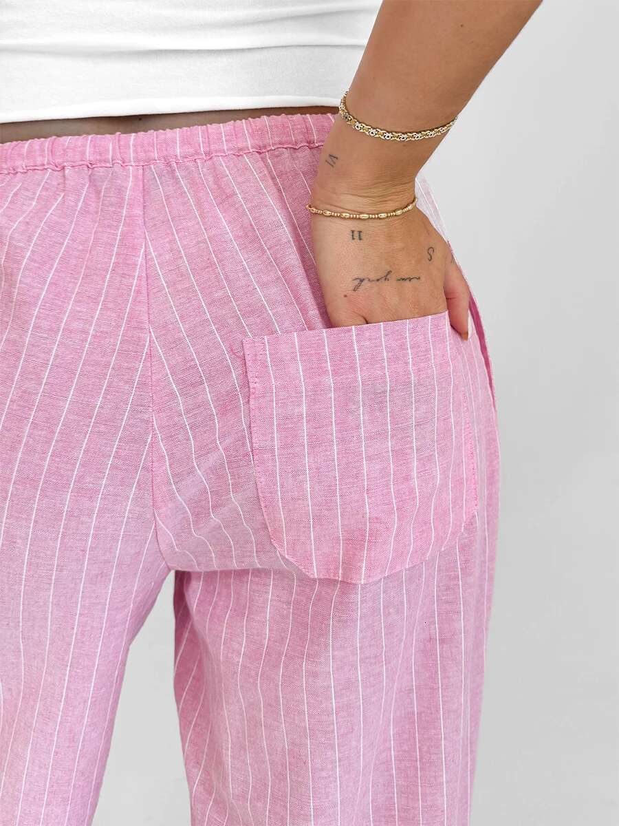 Womens Striped Loose Fit Pants with Drawstring Waist and Elastic Cuffs Lightweight Spring Fall Casual Trousers for Comfort
