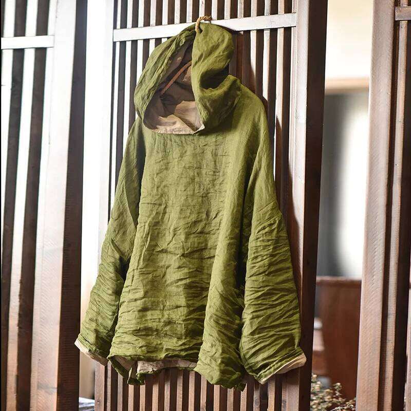 Cotton Linen Casual Hoodies Women New 2024 Autumn Vintage Style Solid Color Loose Female Long Sleeve Hooded Pullovers M163