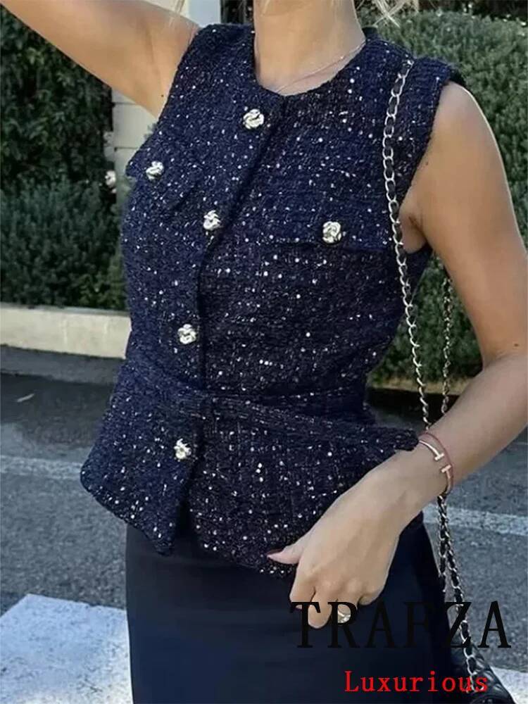 TRAFZA Vintage Belt Twist Waistcoats Women O Neck Sleeveless Gold Buttons Vest Fashion 2025 Spring Summer Office Lady Blazer Top