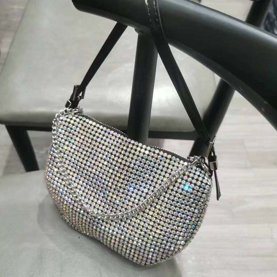 Half Moon Crystal Underarm Bag For Women Shiny Small Chain Shoulder Bags Wedding Party Evening Clutch Purse Handbags Sac