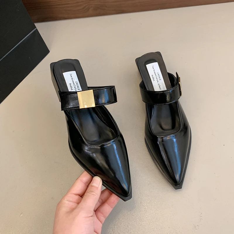 Evening Breeze Baotou Half Slippers French Low Heel Womens Shoes Summer Thick Heel Slippers 250603