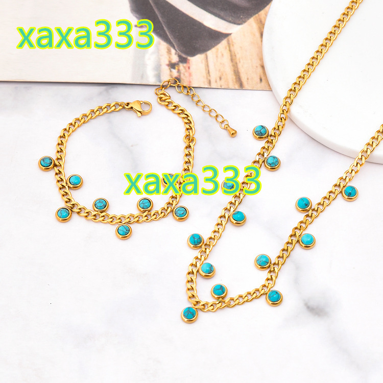 Vintage Stainless Steel Cuban Bracelet Gold Turquoise Jewelry Set Necklace Wholesale