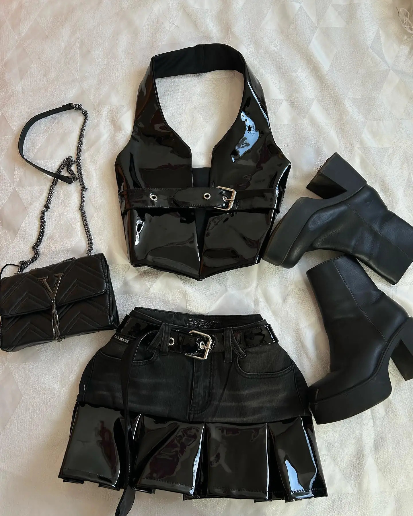 Harajuku Black Y2k Mini Skirt Sets Denim Splicing Leather Two Piece Sets Women Outfits Sexy Girl Gothic Camisole Tops Streetwear 250605