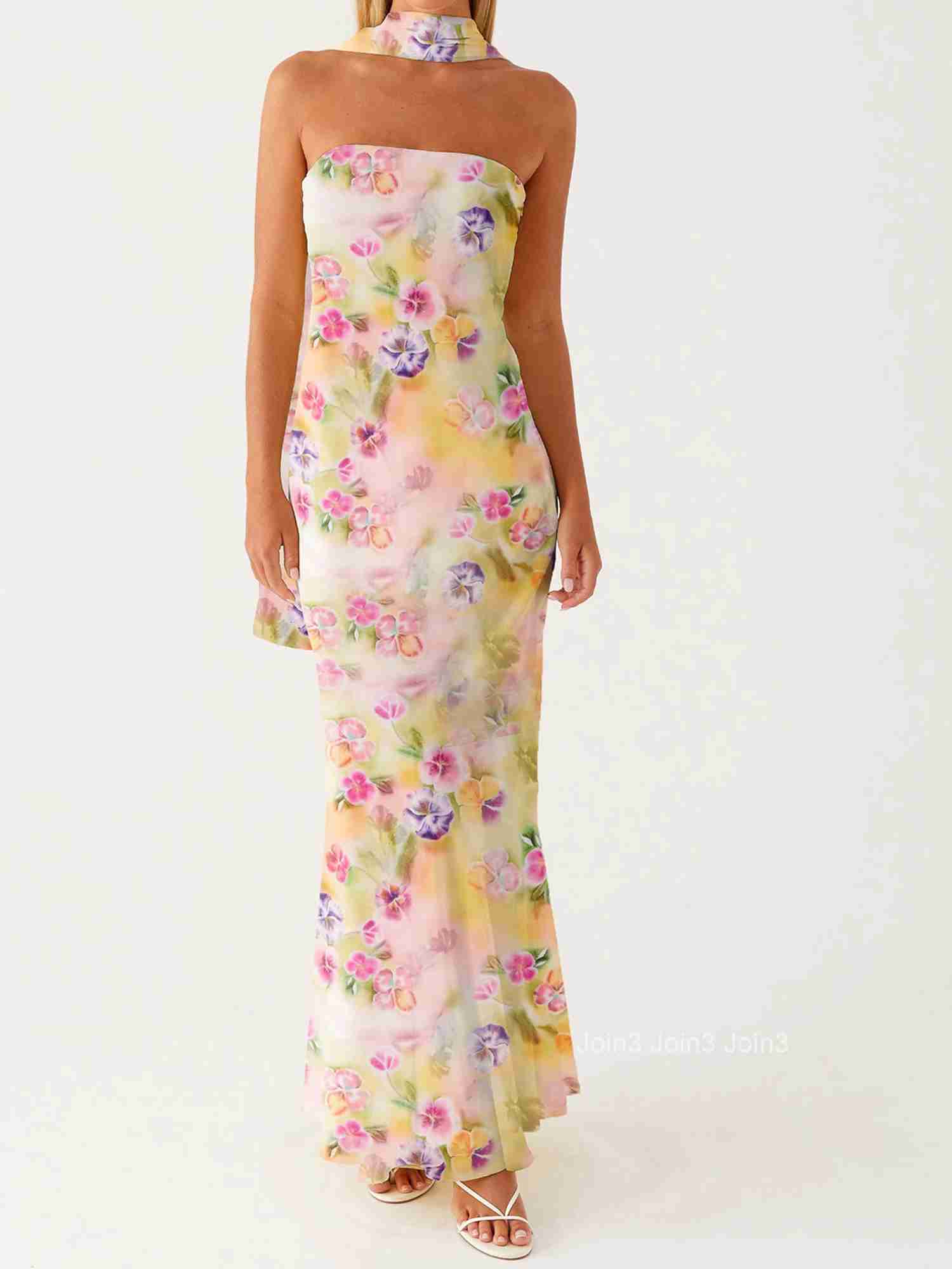 Elegant Floral Print Strapless Maxi Dress with Ruffle Detail and Matching Headscarf for Women