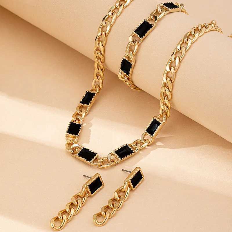 Waterproof Gold Plated StainlESS Steel Fashion Jewelry Sets for Women Black Glass Stone Necklace Earring AccESSories Z250607