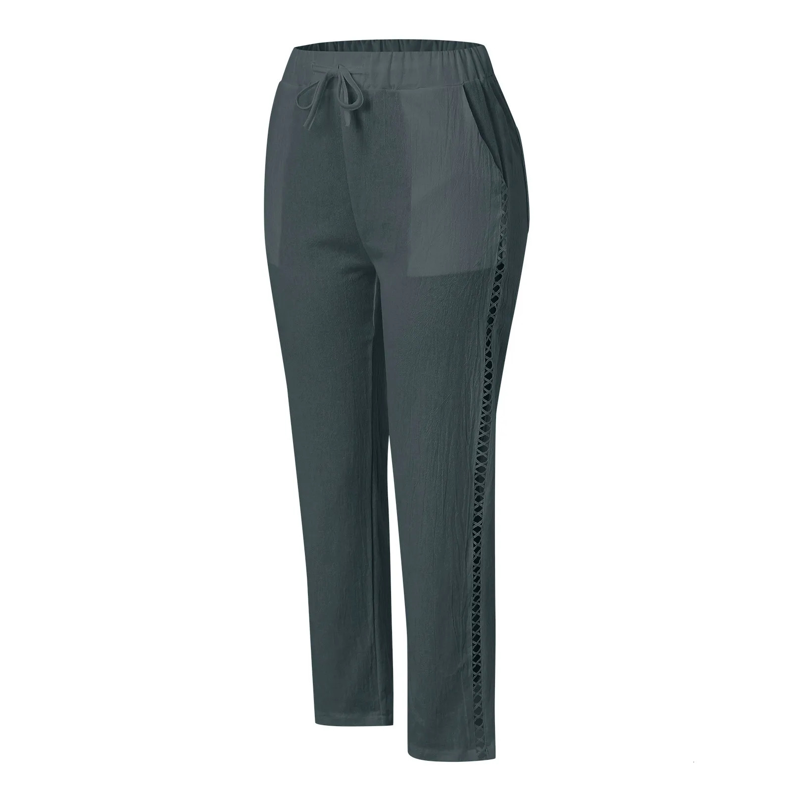 Solid Cotton Linen Pants For Women Bohemian Hollow Out Drawstring Wide Leg Cropped Pants Summer Leggings Sweatpants Beach Pants 250605