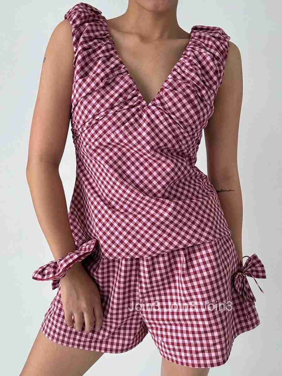 Womens Plaid Matching Set with v Neckline Off Shoulder Short Sleeve Top Bow Detail Elastic Waist Shorts and Pockets - 2