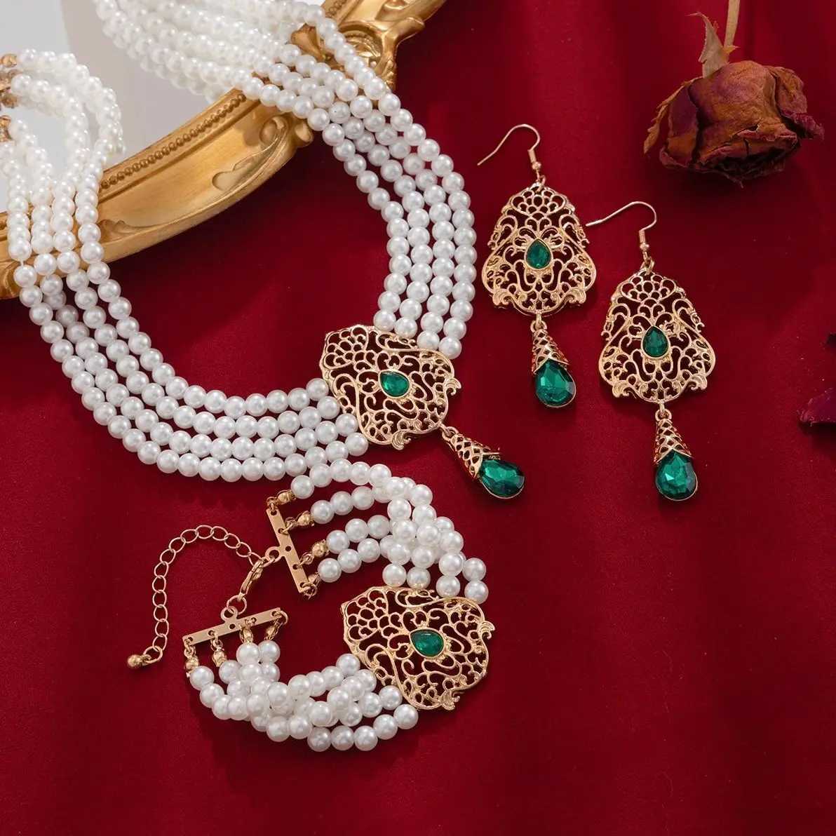 SHIXIN Luxury Multilayer Imitation Pearl Necklace Earring Women Water Drop Green Rhinestone Choker Wedding Jewelry Set Z250607