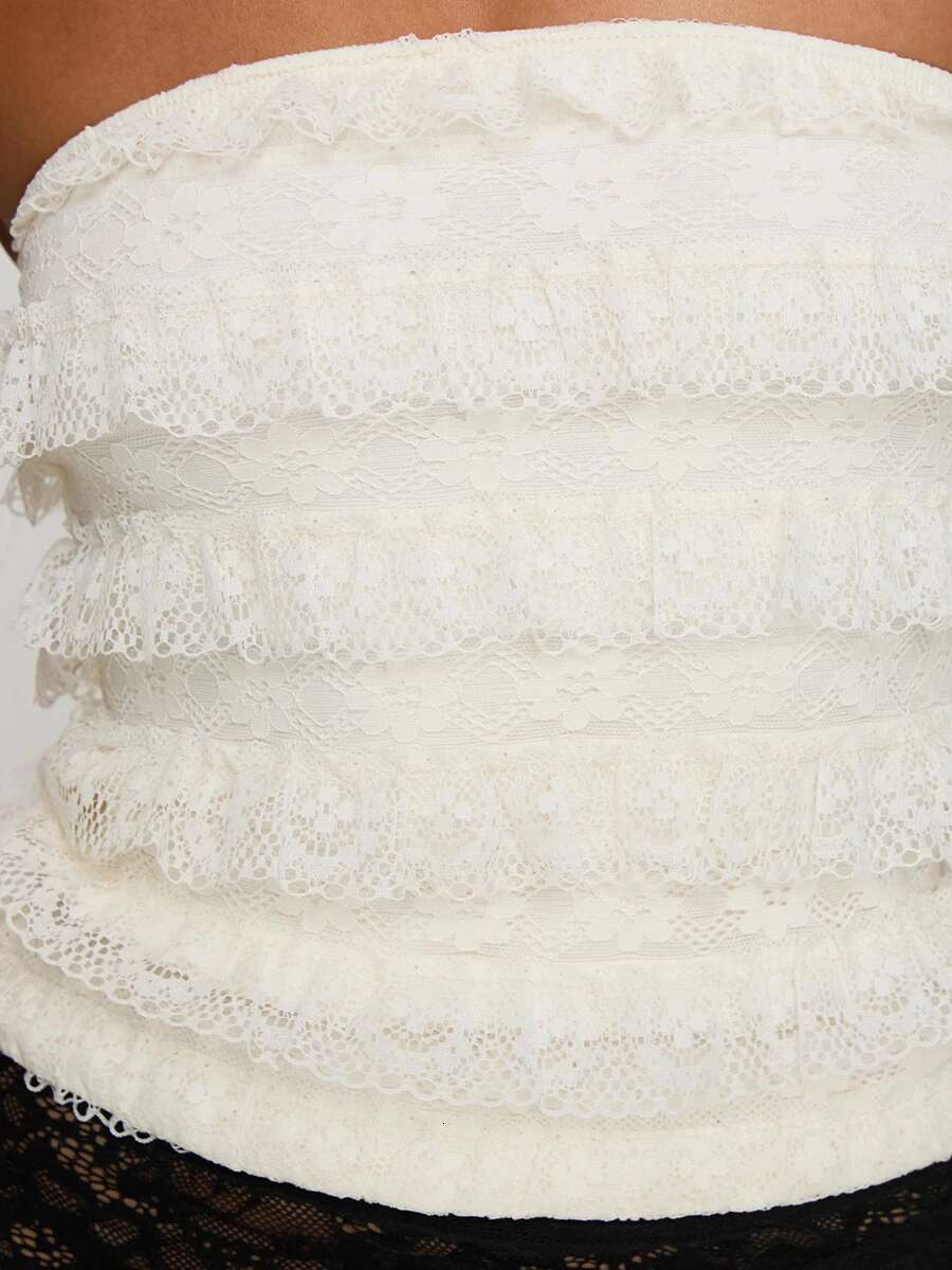 Elegant Lace Off Shoulder Crop Tops with Ruffle Detailing Sleeveless Fit Flower Tube Top for Summer Street Style