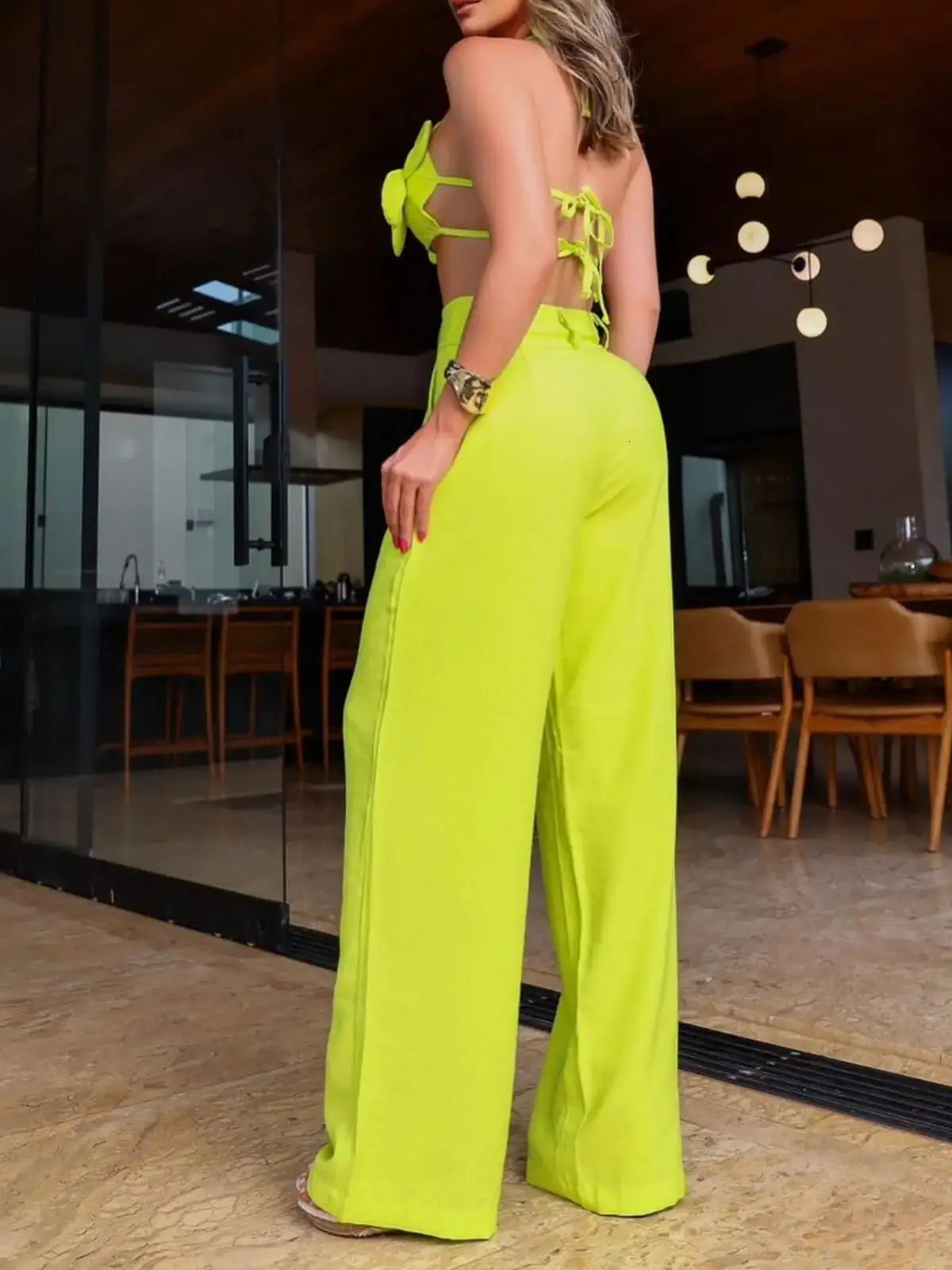 Two Piece Set With Pants Summer Elegant Solid Women Sleeveless Sexy Short Top Wide Leg Pants Suit Office Lady Clothing 250605