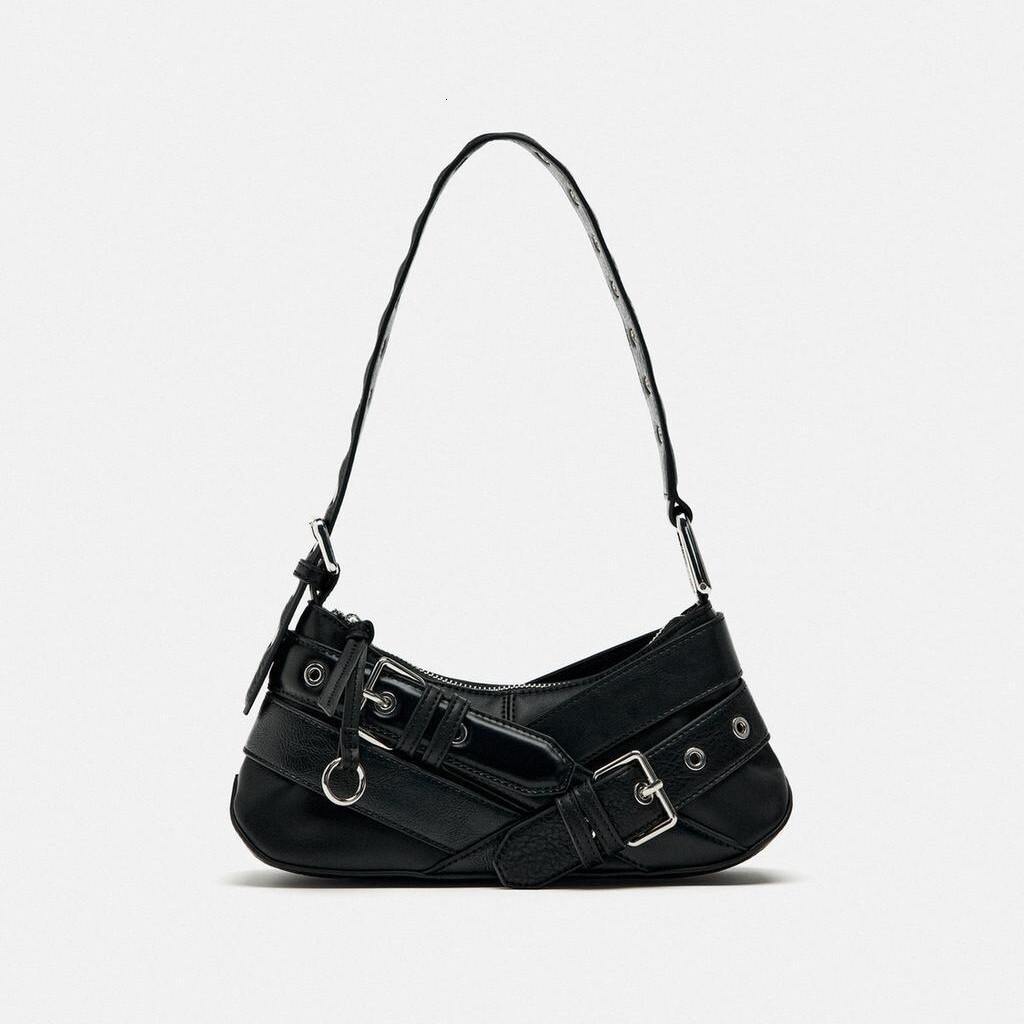 Free Shipping Designer Bag ZR Home 2025 New Black Belt Adorned Women's Fashion Single Shoulder Underarm Motorcycle Splicing High Grade Feel Stick