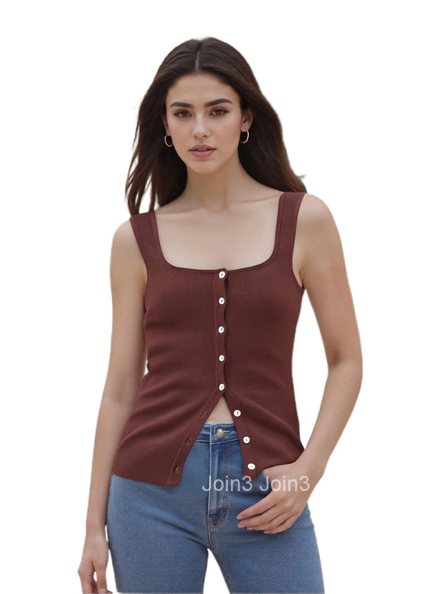 Ladies Casual Sleeveless Ribbed Tank Top with Square Neckline and Button Detail Fit Knit Vest for Summer Wear