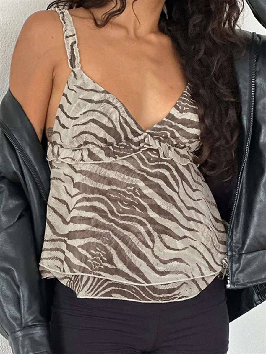 Leopard Print Sleeveless Crop Top with Adjustable Spaghetti Straps and V-neckline for Stylish Summer Outfits