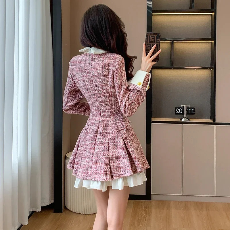 Small Fragrant Style Tweed Pink Dress for Women Autumn French Socialite Single-breasted Color Splicing Slim Short Dress 250603