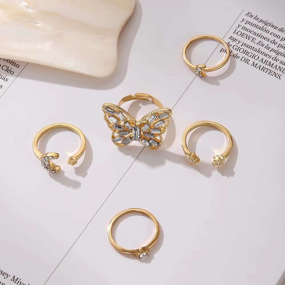 European American Cross-Border Hot-Selling Diamond-Encrusted Large Butterfly Index Finger Ring 5-Piece Set Ring Fashion Rings