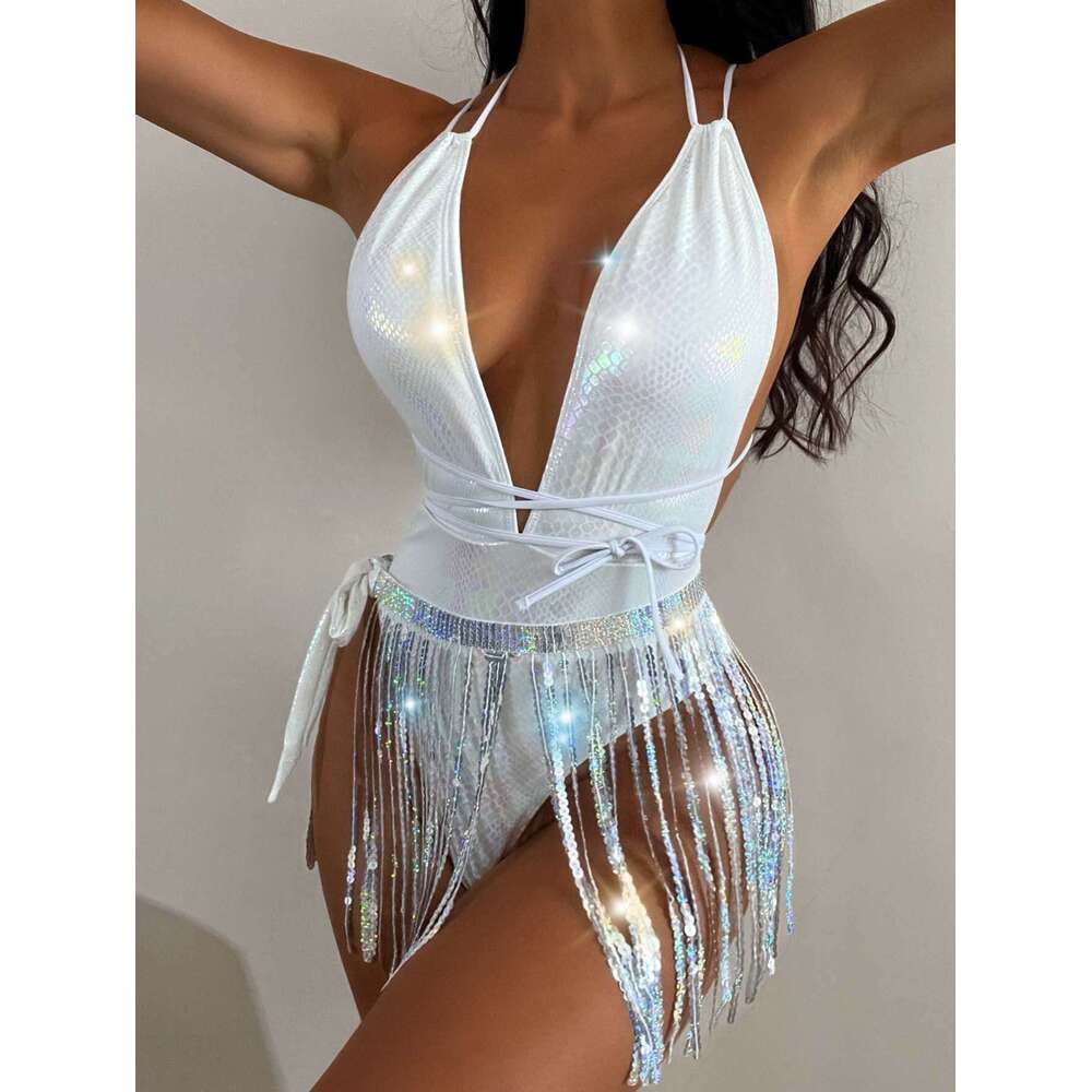 Women's European and American Sexy Deep V Swimwear Ins Style Tassel Performance Costume One-piece Swimsuit Bikini Women 2025 New Casual Fashion T