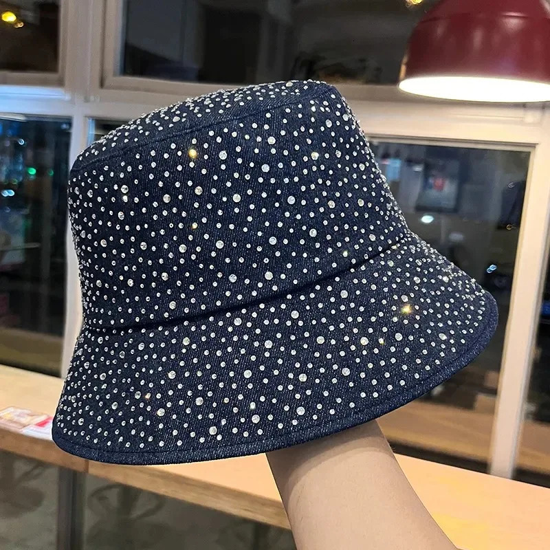 Denim Fisherman Hat Womens Korean ErSion VSpring And Autumn Sun Protection Hat Rhinestone Fashion Trend Bucket Cap 250605