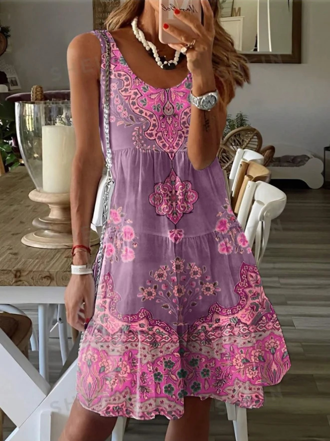 Plus size European and American crossborder womens summer printed pleated sleeveless Vneck dress 250526