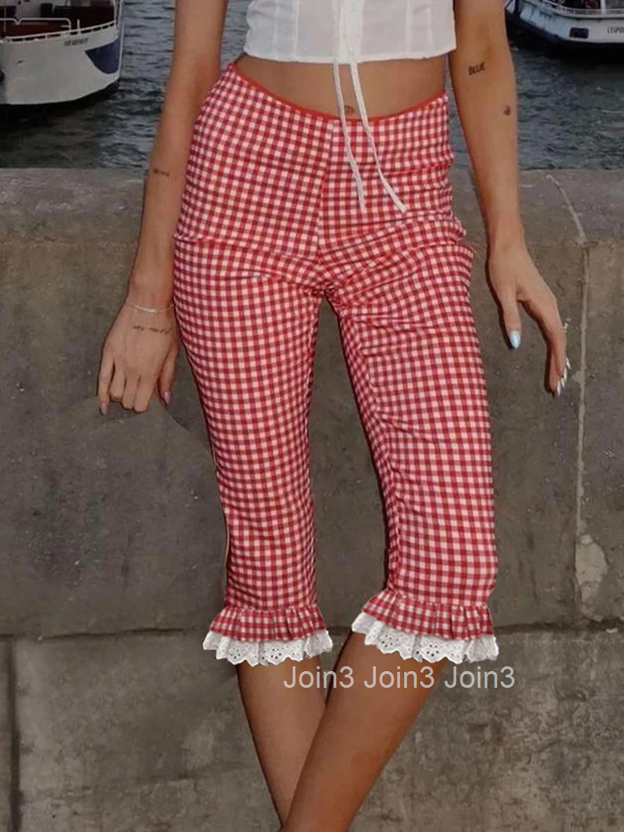 Womens Plaid Pants with Lace Ruffles and Stretchy Cropped Leggings for Summer Casual Wear