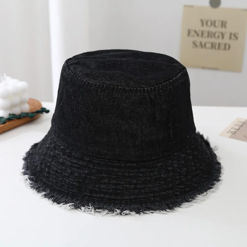 Spring and summer vintage solid color fringed denim fisherman hat womens washable versatile face covering bucket basin hat 250606