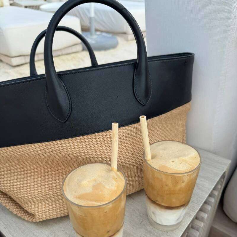 Meet You New Summer Woven Beach Straw Pu Leather Splice Women's Large Capacity Tote Bag Seaside Holiday Vacation Handbag2025